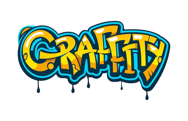 Graffiti arte callejero estilo urbano pintura letras y obras de arte de texto en la pared vector aislado dibujos animados Graffiti palabra en pintura amarilla y azul spray escritura de estilo urbano o hipster con goteos de pintura