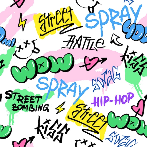 Graffiti callejero de patrón sin costuras elementos de letras en el estilo grunge con etiquetas gotas y manchas