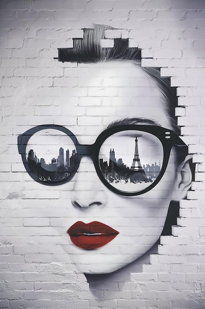 graffiti minimalista una pared de ladrillo blanco como un lienzo un rostro enorme de una mujer