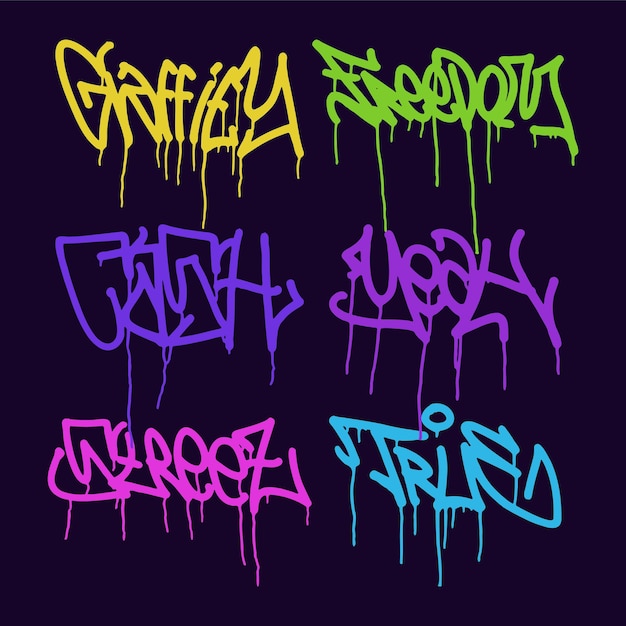 Graffiti multicolor con letras etiquetas de goteo de letras de colores brillantes en el estilo de graffiti