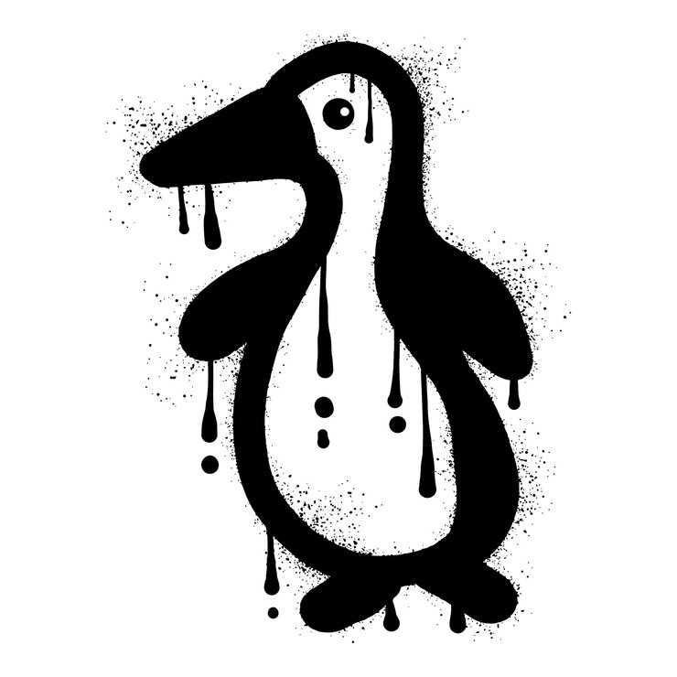 Vector graffiti de pingüino dibujado con pintura en aerosol negra