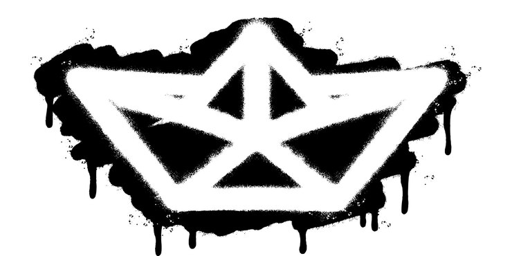Vector graffiti pintado con spray icono de barco de papel rociado aislado con un fondo blanco graffiti icono de barco de papel con exceso de spray en negro sobre blanco