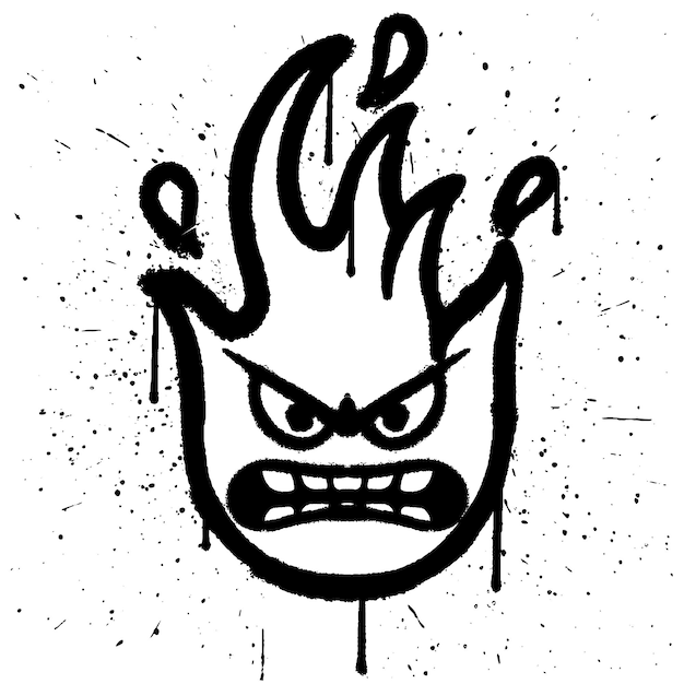 Graffiti pintura en aerosol cara enojada fuego carácter emoticon aislado vector