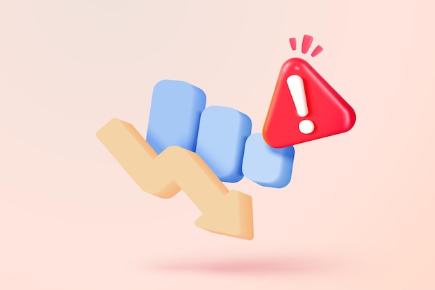 Gráfico 3D hacia abajo con icono de aviso de alerta para inversión financiera lista de comprobación negativa opción de botón para falso correcto problema perdido icono de acción de emergencia 3D ilustración de renderización vectorial