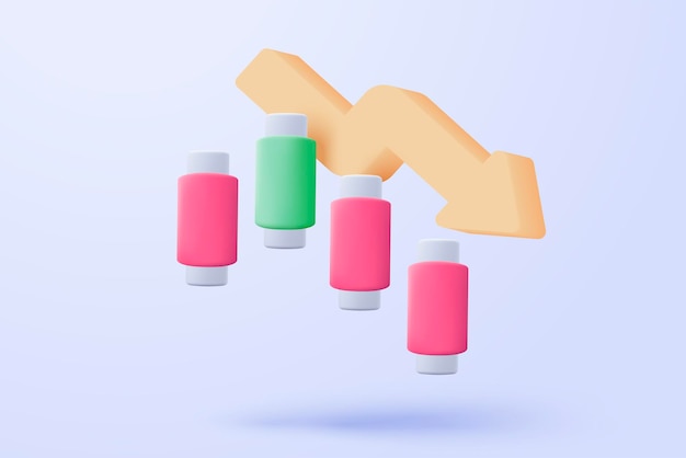 Gráfico 3D con caída en picado sobre fondo azul Fracaso empresarial con gráfico de barras de concepto de tendencia negativa hacia abajo Representación 3d para inversión financiera 3d comercio stock icono vector render ilustración