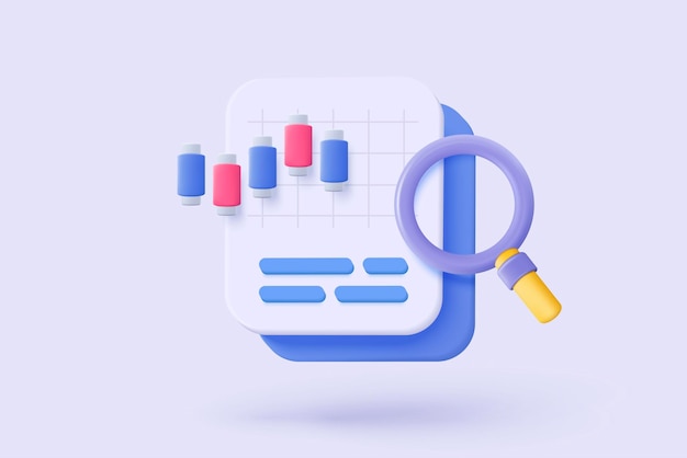 Gráfico 3D con icono de aviso de búsqueda para estadística financiera informe de compra y venta analizando dinero de inversión efectivo y intercambio con finanzas icono de informe de acciones de comercio 3D ilustración de renderización vectorial