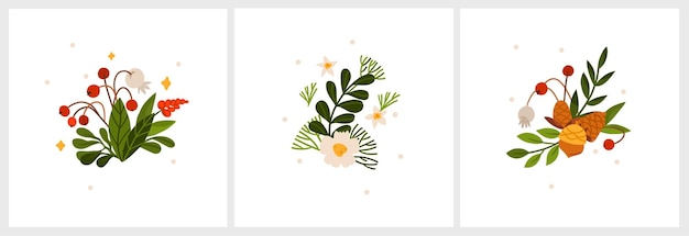 Gráfico abstracto vectorial dibujado a mano feliz navidad y feliz año nuevo imágenes prediseñadas ilustraciones tarjeta de felicitación con flores y hojas feliz navidad lindo diseño floral fondo arte de vacaciones de invierno