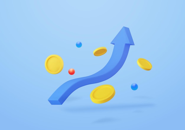 Gráfico de acciones de crecimiento 3d con monedas que invierten icono Gráfico de mercado de valores de tendencia alcista