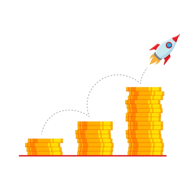 Gráfico de acciones de flecha hacia arriba Concepto de crecimiento financiero de ganancias monetarias con monedas de oro apiladas y lanzamiento de cohetes