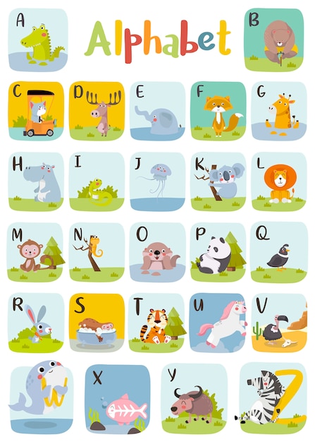 Vector gráfico del alfabeto animal de la a a la z. alfabeto lindo del zoológico con animales en estilo de dibujos animados.
