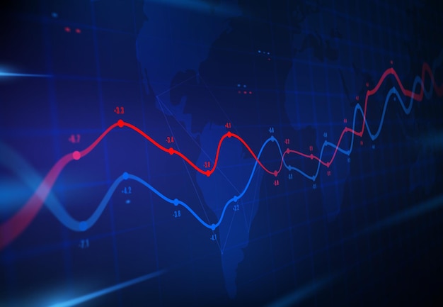 Gráfico de análisis de datos financieros. Previsión empresarial, gráficos en el mapa mundial. Infografía de vector con valor de las acciones, fluctuaciones de los índices de los mercados. Visualización de información sobre economía, comercio e inversión global