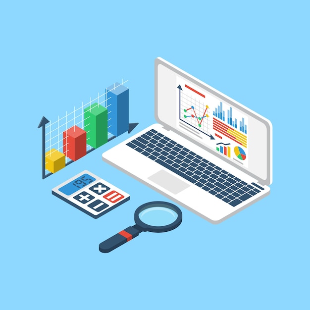Gráfico de análisis de datos informe gráfico 3d isométrico Banner de sitio web Concepto de negocio gestión de estadísticas financieras Concepto de análisis de optimización de investigación Análisis de mercado de informe vectorial