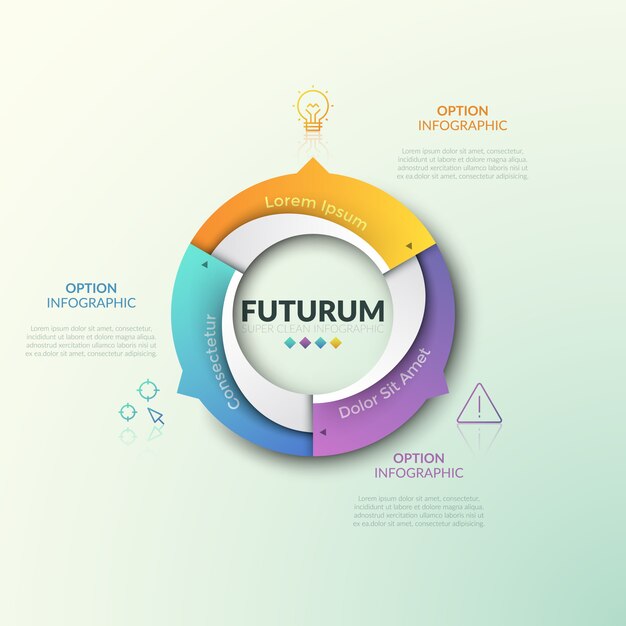 Gráfico de anillo dividido en 3 sectores con flechas que apuntan a iconos de líneas finas y cuadros de texto. plantilla de diseño de infografía futurista. tres características del concepto de proceso cíclico.