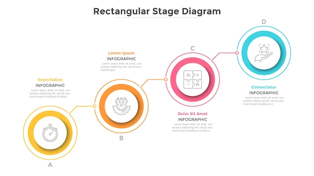 Gráfico ascendente con 4 elementos redondos coloridos conectados. Concepto de cuatro pasos del desarrollo empresarial progresivo. Plantilla de diseño de infografía mínima. Ilustración de vector plano para presentación.
