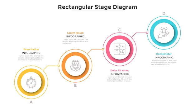 Gráfico ascendente con 4 elementos redondos coloridos conectados. concepto de cuatro pasos del desarrollo empresarial progresivo. plantilla de diseño de infografía mínima. ilustración de vector plano para presentación.