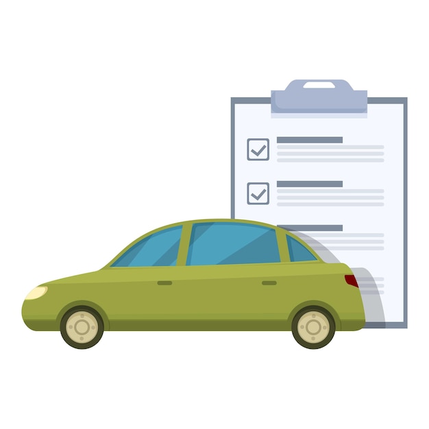 Gráfico de un automóvil verde con una gran lista de comprobación que simboliza la inspección o el mantenimiento del vehículo