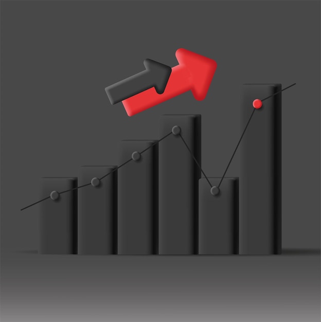 Gráfico de barras 3d con flecha roja apuntando hacia arriba infografías negras monocromáticas