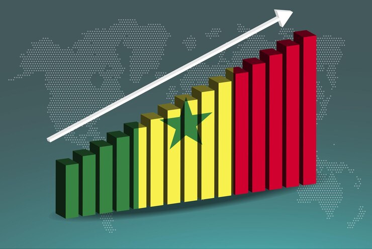 Vector gráfico de barras 3d de senegal gráfico vectorial flecha ascendente ascendente en el concepto de estadísticas de países de datos