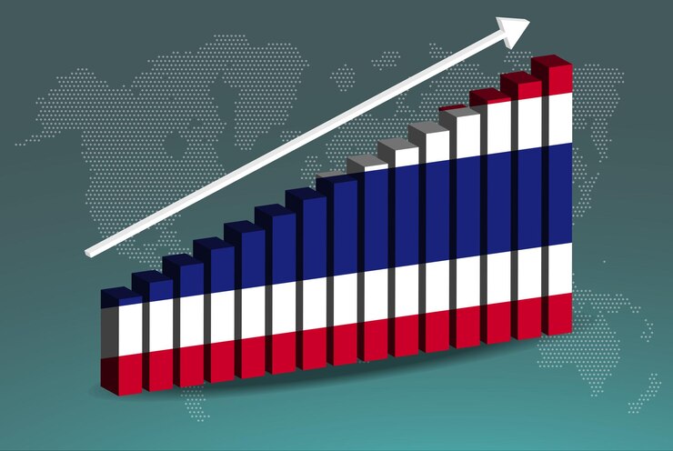 Vector gráfico de barras 3d de tailandia, flecha ascendente ascendente vectorial en el concepto de estadísticas de países de datos