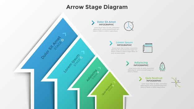 Gráfico de barras ascendentes con 4 elementos en forma de flechas de colores. Diagrama de etapas. Plantilla de diseño de infografía moderna. Ilustración vectorial para el crecimiento empresarial y la visualización del proceso de desarrollo progresivo.