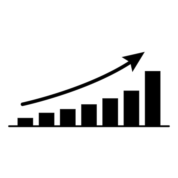 Gráfico de barras aumento creciente flecha y gráfico de barnas silueta icono vector subiendo plano de crecimiento
