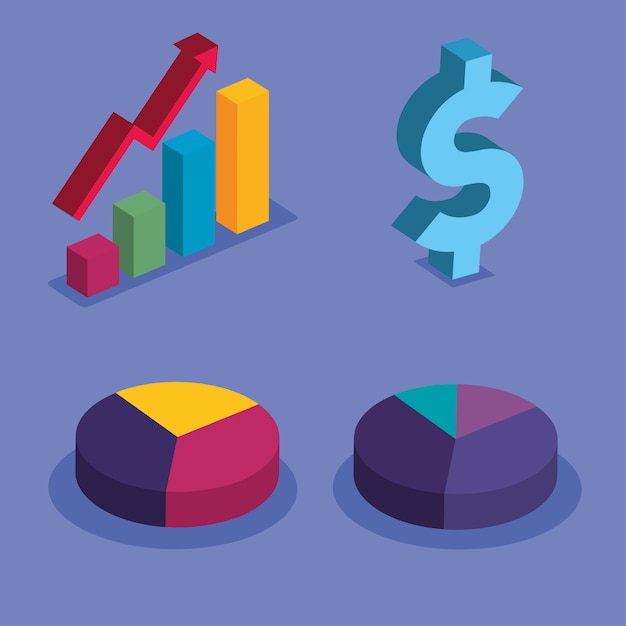 Gráfico de barras con diseño de gráficos de pastel y dinero de flecha de aumento, análisis de datos y tema de información