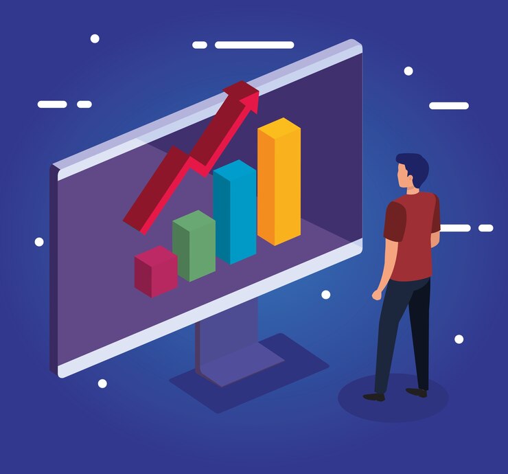 Vector gráfico de barras con flecha de aumento en diseño de computadora y hombre, análisis de datos y tema de información
