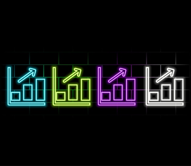 Un gráfico de barras con una flecha que sube Gráfico financiero con una línea de tendencia ascendente Gráfico del mercado de valores en fondo de pantalla ancha de color neón