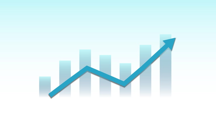 Vector gráfico de barras con flecha de tendencia alcista que muestra el precio del mercado de valores o el beneficio de la inversión empresarial financiera