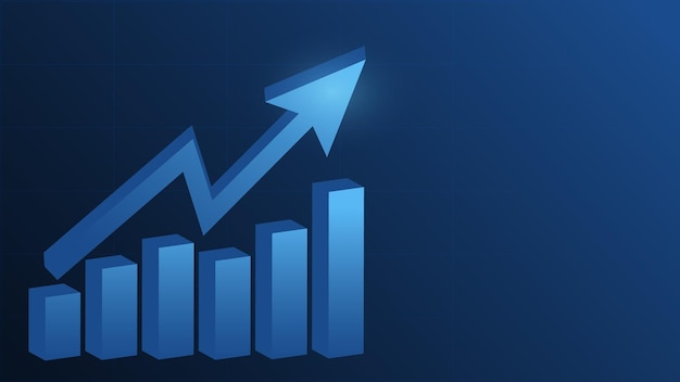 gráfico de barras con flecha de tendencia alcista sobre fondo azul con concepto de crecimiento empresarial de espacio de copia