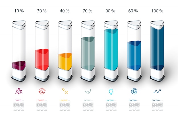 Gráfico de barras infografía con colorida pieza 3d.