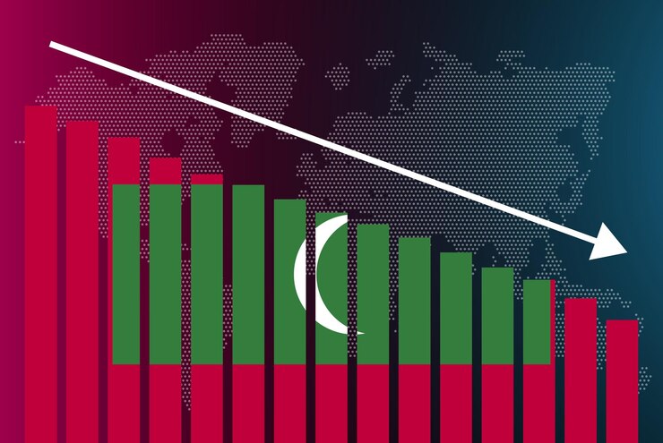Vector gráfico de barras de maldivas, valores decrecientes, crisis y rebajas, el banner de noticias falla y disminuye