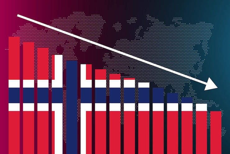 Vector gráfico de barras de noruega, valores decrecientes, la crisis y el banner de noticias degradadas fallan y disminuyen