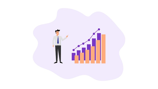 Gráfico de barras de puntos de dibujos animados de personas de negocios con línea de tendencia alcista que muestra el crecimiento de la inversión