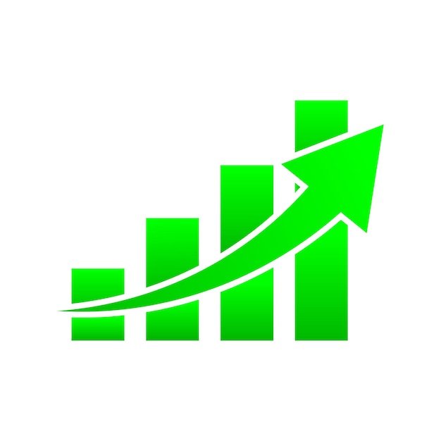 Gráfico de barras verde con flecha de tendencia alcista aislado sobre fondo blanco.