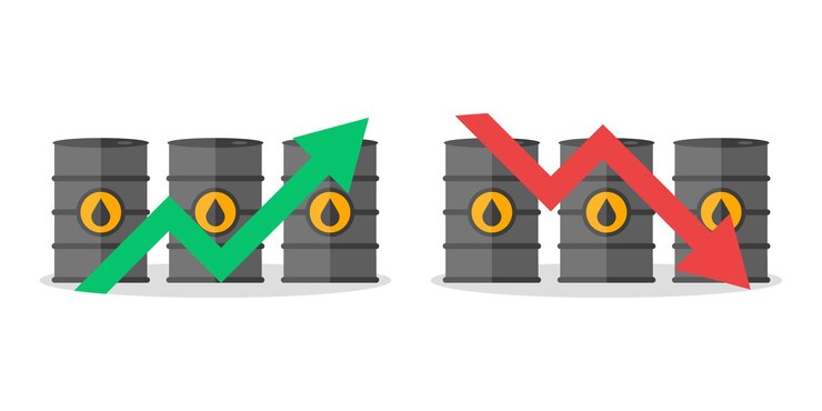 Vector gráfico con barril de petróleo. precio del petróleo subiendo y bajando. diagrama de crecimiento y caída del precio del barril.