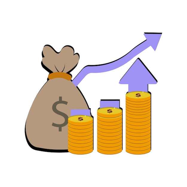 El gráfico de la bolsa de dinero aumenta el gráfico de negocios, la flecha sube, el crecimiento de la inversión, el gráfico de las finanzas aumenta el ingreso.