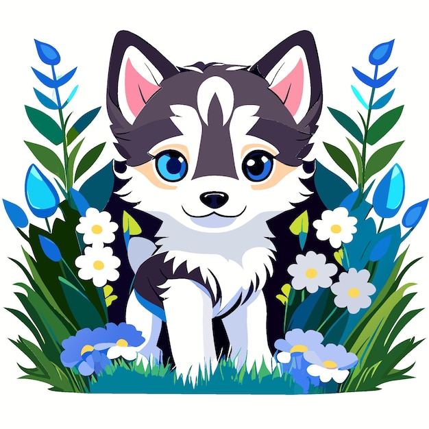 Gráfico de camiseta de cachorro Husky juguetón en medio de coloridas flores silvestres