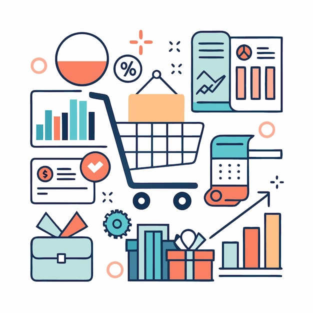 un gráfico de un carro de la compra con un carro de las compras y un carro de compras con una variedad de artículos incluidos