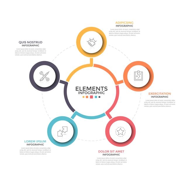 Gráfico circular. cinco elementos redondos coloridos con símbolos lineales en el interior colocados alrededor de uno central. concepto de 5 opciones comerciales para elegir. plantilla de diseño de infografía mínima.