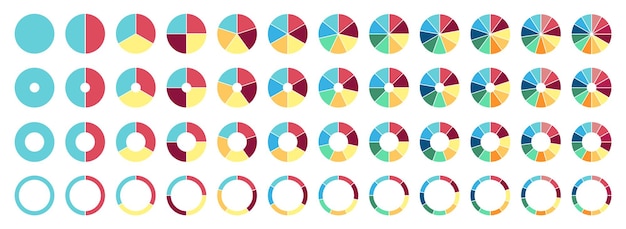 Gráfico circular circular. 2,3,4,5,6,7,8,9,10,11,12 secciones o pasos. Ciclo de proceso plano. Sectores de progreso.