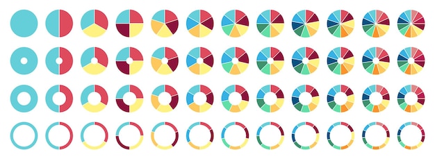 Gráfico circular circular. 2,3,4,5,6,7,8,9,10,11,12 secciones o pasos. ciclo de proceso plano. sectores de progreso.