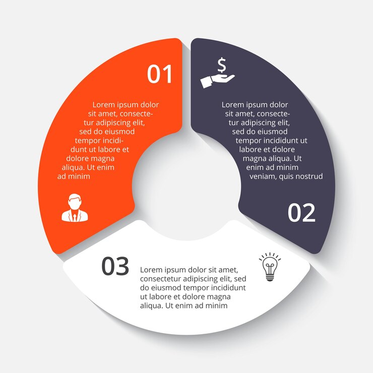 Vector gráfico circular dividido en 3 sectores coloridos. plantilla de diseño de infografía plana.