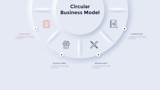 Gráfico circular dividido en 4 sectores concepto de cuatro etapas de análisis estratégico plantilla de diseño infográfico neumórfico ilustración vectorial moderna para visualización de información empresarial