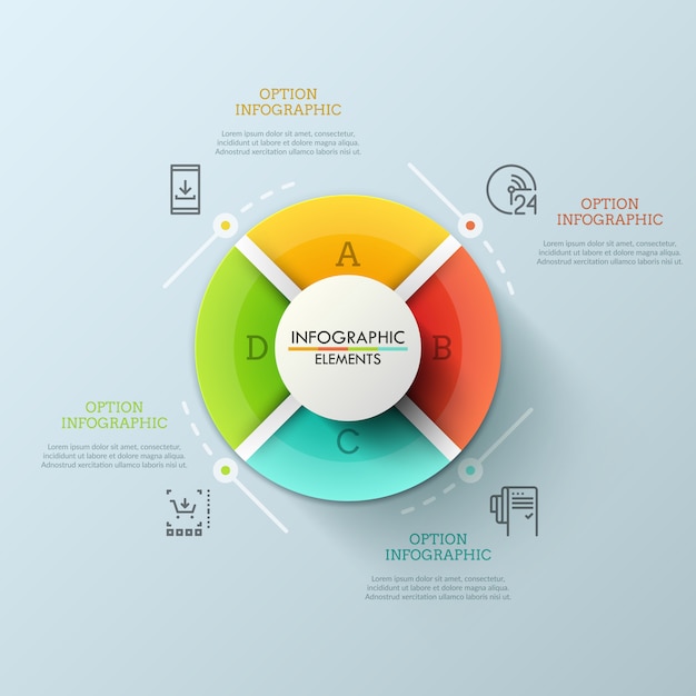 Gráfico circular dividido en 4 sectores con letras iguales. Concepto de menú redondo del sitio web con botones de colores. Diseño de infografía futurista.