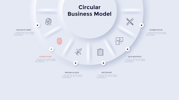 Vector gráfico circular dividido en 6 sectores concepto de seis etapas de análisis estratégico plantilla de diseño infográfico neumórfico ilustración vectorial moderna para visualización de información empresarial