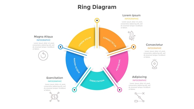 Gráfico circular en forma de anillo dividido en 5 sectores coloridos. Concepto de cinco opciones de gestión empresarial. Plantilla de diseño de infografía simple. Ilustración de vector de visualización de información empresarial.