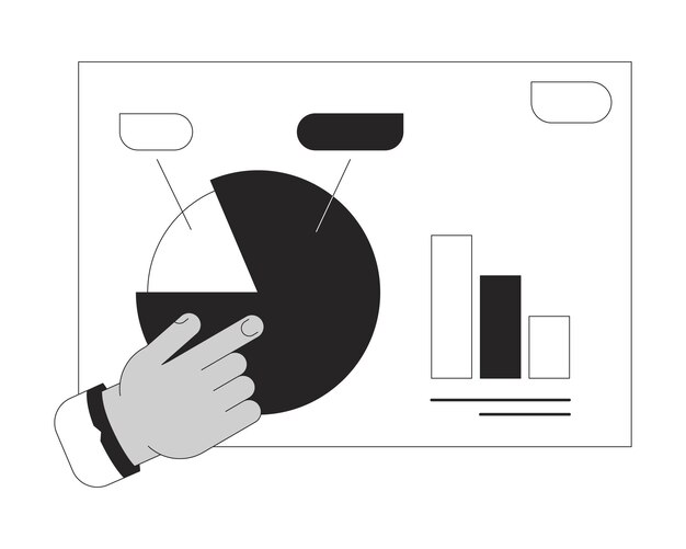 Gráfico circular de presentación de negocios que señala el concepto de bw ilustración de punto vectorial Tablero de análisis de diagrama Dibujos animados en 2D mano monocromática de línea plana para diseño de interfaz de usuario web Imagen de héroe de contorno aislado editable