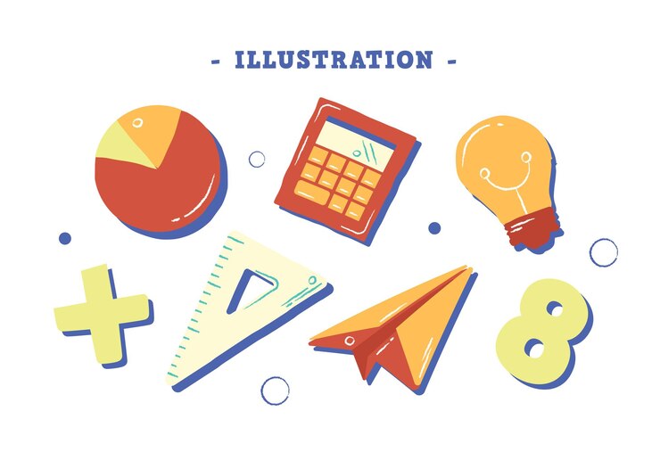 Vector gráfico circular regla calculadora bombilla papel avión escuela educación clipart ilustraciones