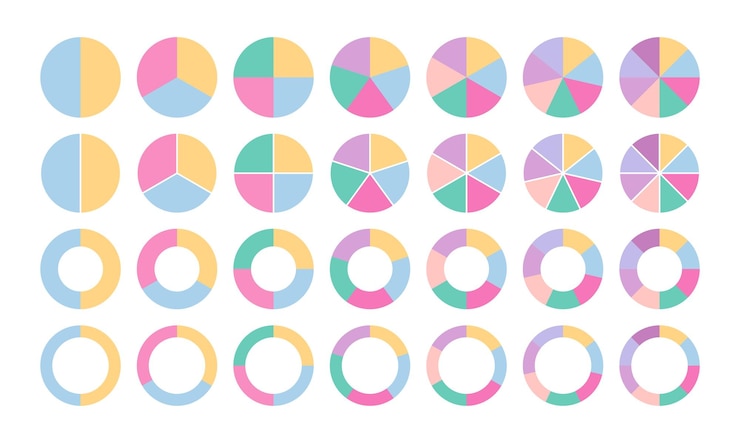 Vector gráfico de círculos de colores con plantilla de segmentos colección de diagramas de pie conjunto de gráficos de estructura circular